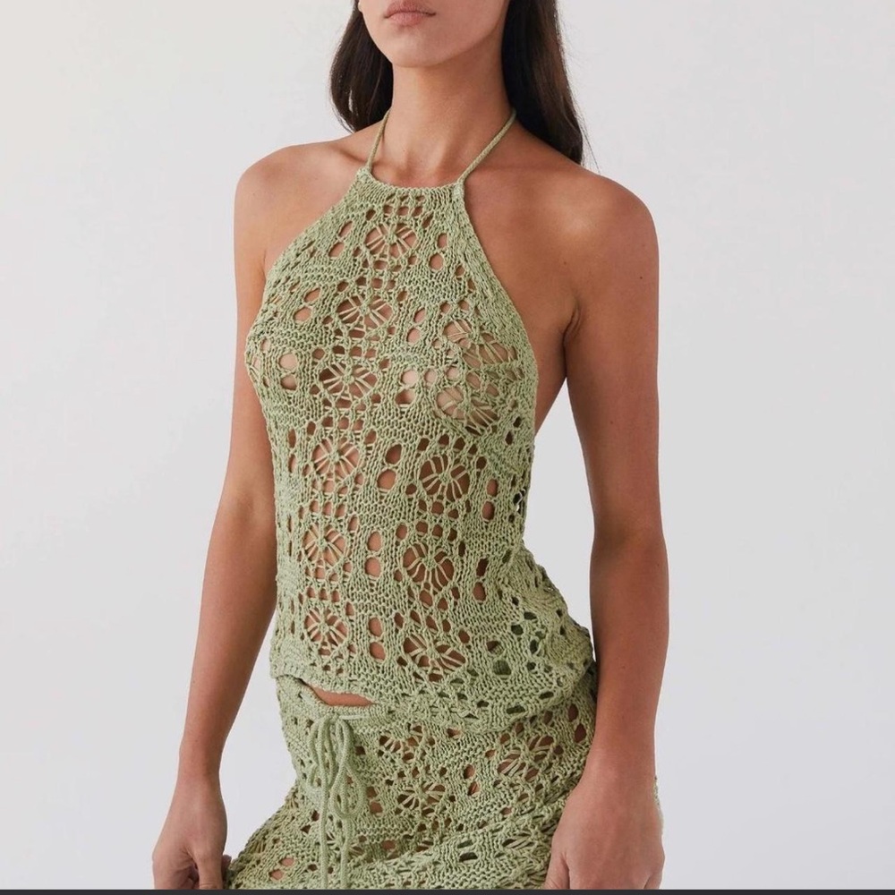 PEPPERMAYO Crochet Halter Top in Sage Green